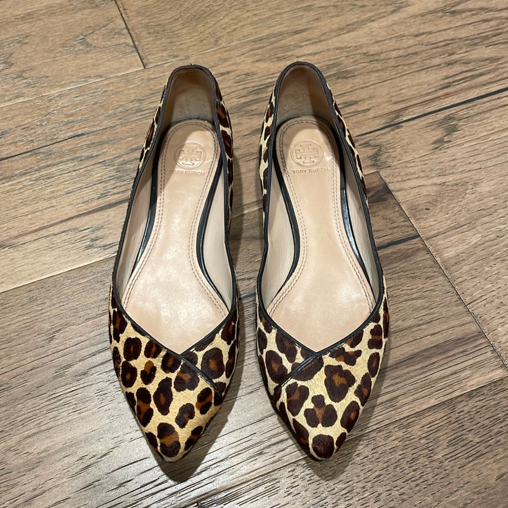 Tory Burch Leopard Nikki Calf Hair Leather Pointy Flats Women Size 9.5